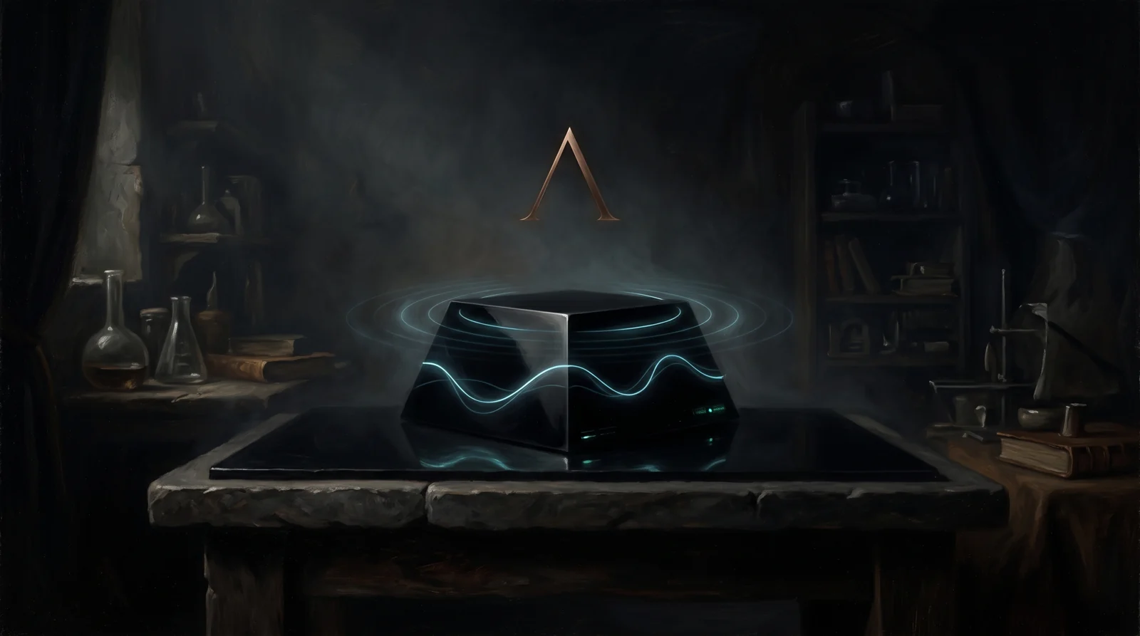 Mini AI Labs workshop artwork: a dark sculptural instrument traced with cyan light
